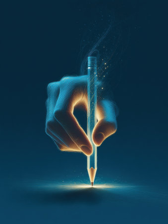 A hand grips a luminous pencil, with light emanating from the tip while surrounded by darkness, illustrating creativity and inspiration at work.の素材