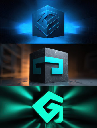 Multiple stylized logos showcase a modern design with glowing effects, arranged vertically in a dark environment that enhances their visual appeal.の素材