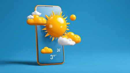 Visual concept of a smartphone displaying weather conditions with a sun and clouds emerging in a bright blue environment during daytime.の素材