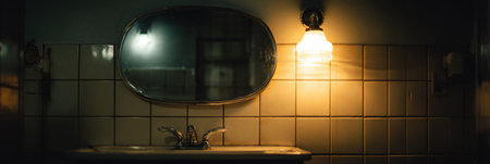 A charming vintage bathroom features a classic sink beneath an ornate mirror, softly illuminated by a warm light in the cozy atmosphere.の素材