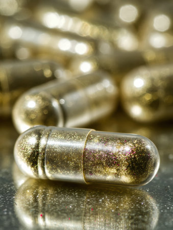 Gold capsules with sparkling contents are scattered on a reflective surface, illuminated by soft lighting that enhances their luxurious appearance.の素材