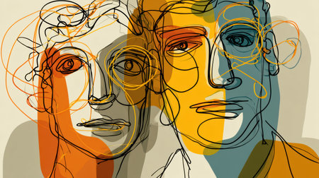 Artwork displaying two interconnected abstract faces characterized by flowing lines and warm colors, evoking emotions through minimalistic design elements.の素材