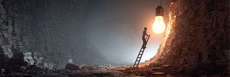 A person climbs a ladder in a dark library filled with stacks of books, reaching toward a large light bulb that illuminates the space.の素材