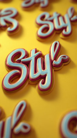Bright yellow backdrop features colorful 3D letters spelling style, exhibiting a vibrant and playful artistic design that captures attention vividly.の素材