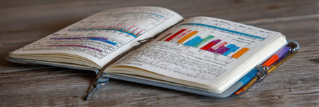 An open notebook reveals organized charts and graphs filled with vibrant colors, indicating data analysis work on a rustic wooden table.の素材