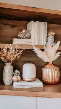Stylish shelf arrangement showing elegant vases, dried flowers, decorative books, and a soothing lamp, creating a warm and inviting atmosphere in the home.の素材