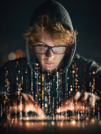 A focused young person wearing a hoodie and glasses types on a laptop, surrounded by a digital representation of data streams in a night city.の素材