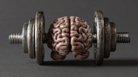 A brain is positioned between two weights, symbolizing the importance of mental fitness alongside physical strength, showing a unique artistic concept.の素材