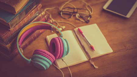 Cozy study session features colorful headphones, notebooks, an open pen, and stacks of old books on a rustic wooden desk, offering inspiration and focus.の素材