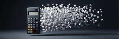 A calculator is central to the composition with numbers and mathematical symbols cascading around it, highlighting its function in computation and mathematics.の素材