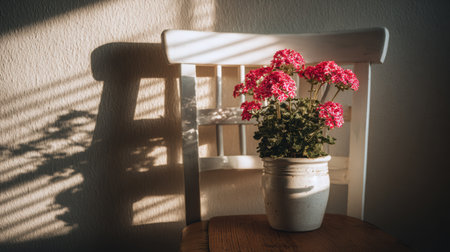 Vibrant pink blooms in a ceramic pot sit on a wooden table, casting gentle shadows against a wall in a sunny indoor space during the day.の素材