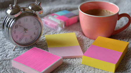 A cozy workspace features a silver alarm clock displaying time, a pink coffee mug, and colorful sticky notes spread on soft fabric, ideal for planning.の素材