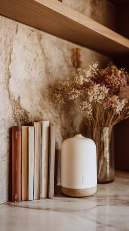 A minimalist essential oil diffuser rests next to neatly arranged books on a marble shelf, accented by dried flowers in soft afternoon light.の素材