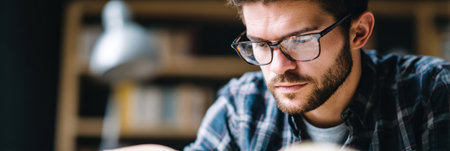 Man with glasses engages in creative work at a desk inside a well-lit office space, surrounded by shelves filled with books.の素材