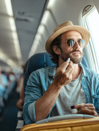 A man with sunglasses and a straw hat is applying moisturizer as he looks out the window on a bright day during a flight.の素材