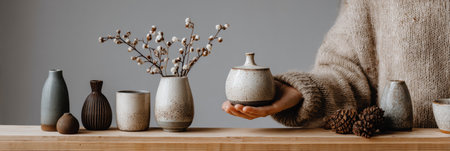 Artisan skillfully highlights a selection of unique pottery pieces alongside natural elements in a serene, well-lit workspace, creating a peaceful ambiance.の素材