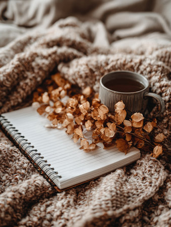 A warm drink sits beside an open notebook adorned with dried leaves on a soft knitted blanket, creating a cozy autumn atmosphere.の素材