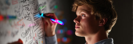 A young man is focused on brainstorming ideas, writing with colorful markers on a whiteboard in a modern creative workspace during the evening.の素材