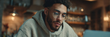 A young man wearing glasses sits at a laptop in a cozy cafe, intently concentrated on his work amidst warm, inviting lighting and rustic surroundings.の素材