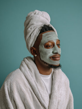 A man wrapped in a soft robe relaxes with a clay face mask on his skin, showcasing a tranquil moment in a calming indoor space.の素材