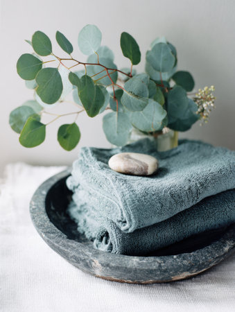 Soft towels stack harmoniously with a stone and fresh eucalyptus, creating a calming atmosphere ideal for a spa-inspired retreat at home.の素材