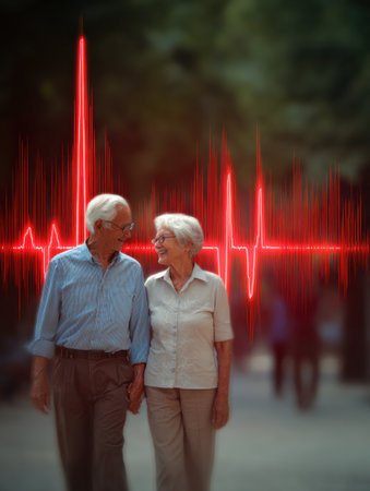 An elderly couple walks hand in hand in a park, sharing smiles, while a vibrant heartbeat graphic overlays the scene, symbolizing their love and connection.の素材