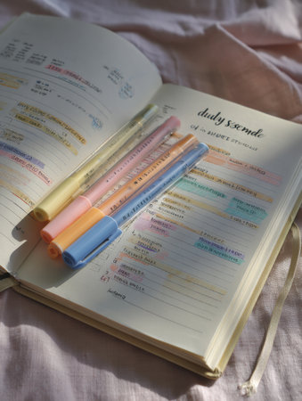 Brightly colored highlighters rest on an open planner filled with neatly organized tasks, set against a soft fabric surface in warm lighting.の素材