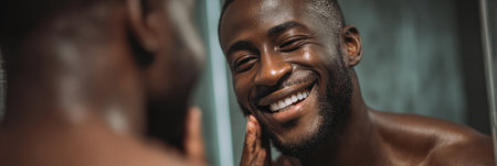 A man smiles at his reflection in the mirror while engaging in his morning grooming routine at home, enjoying a moment of self-care.の素材
