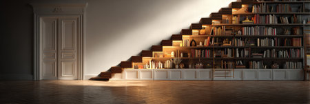 Warm light highlights a stylish staircase integrated with a bookshelf, showcasing a cozy atmosphere in a contemporary living area during the afternoon.の素材