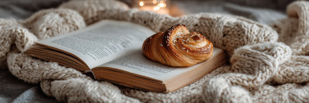 A warm knitted blanket holds an open book with a delicate pastry resting on the pages, creating a peaceful atmosphere perfect for reading.の素材