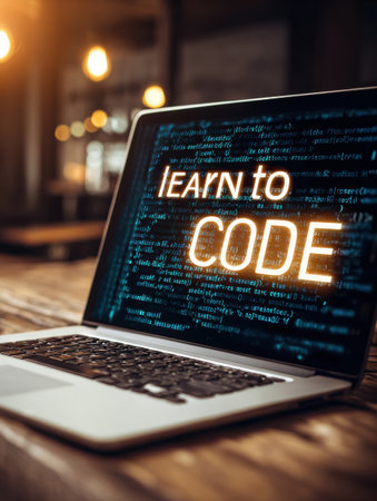 Illuminated laptop screen displays the message to learn coding, highlighting programming code in a warm, cozy workspace with ambient lighting.の素材