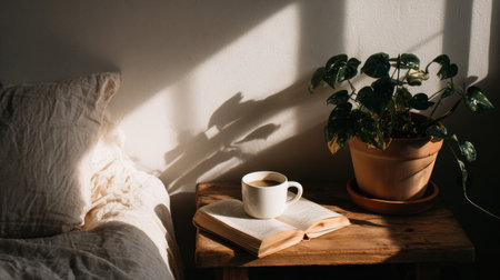 Sunlight gently illuminates a serene bedroom with a cup of coffee on an open book beside a lush green plant, creating a peaceful morning atmosphere.の素材
