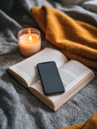 A cozy reading nook is arranged with an open book, a smartphone resting beside it, and a lit candle, all situated on a soft blanket, creating a warm atmosphere.の素材