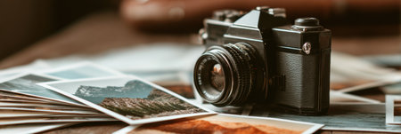 A vintage camera sits on a wooden surface, with an array of printed photographs showing diverse landscapes and travel memories scattered around it.の素材