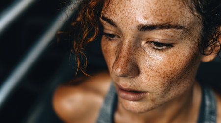 A young woman with curly hair and freckles appears contemplative, taking a moment to reflect during her intense workout at the gym in soft lighting.の素材