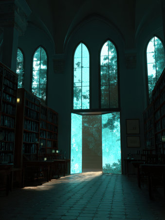 A library features tall, gothic windows letting in soft, turquoise light, with bookshelves lining the walls and a serene outdoor view of nature.の素材