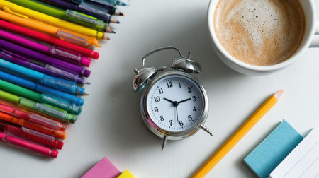 A vibrant arrangement of colored pens, a classic alarm clock, a cup of coffee, and sticky notes create a lively workspace atmosphere.の素材