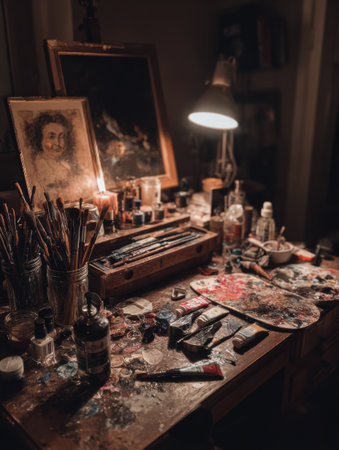 Art supplies are scattered across a wooden table, with brushes, paints, and a painting illuminated by a warm lamp light in a cozy workspace.の素材