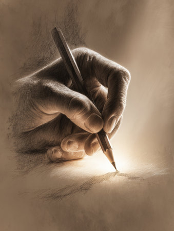A hand elegantly grips a pencil, skillfully sketching on blank paper under soft light, enhancing the artistic focus and serene ambiance of the workspace.の素材