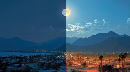A striking contrast between nighttime and daytime showcases a mountainous backdrop, with a glowing moon on one side and a vibrant sun on the other.の素材