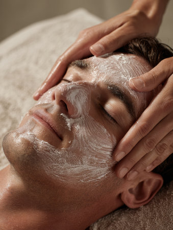 A man enjoys a soothing facial treatment at a spa, with gentle hands applying a cleansing mask to his skin. Peaceful ambiance and relaxation around.の素材