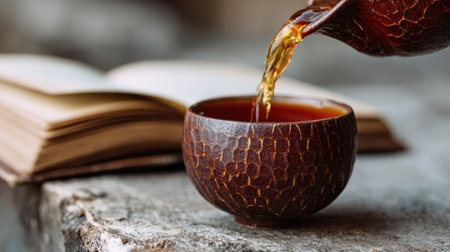 Hot tea is being poured into a rustic bowl next to an open book on a textured surface, creating a warm and inviting atmosphere during the afternoon.の素材