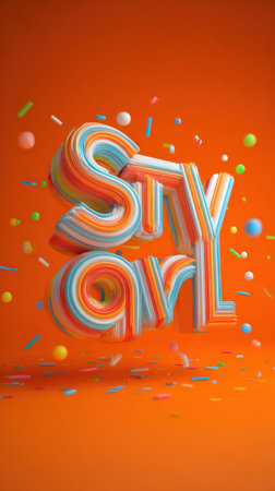 Colorful 3D typography bursts with energy, showcasing stylized letters and playful shapes, set against a bright orange background with confetti details.の素材