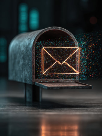 Glowing envelope emerges from a vintage mailbox in a contemporary setting, highlighting the theme of digital communication and connection.の素材