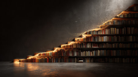 Unique bookshelf installation with illuminated steps showcasing various books, creating a warm atmosphere perfect for reading and relaxationの素材