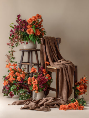 A charming setup featuring a variety of vibrant orange flowers and earthy brown textiles, creating a warm and inviting atmosphere in a peaceful indoor space.の素材