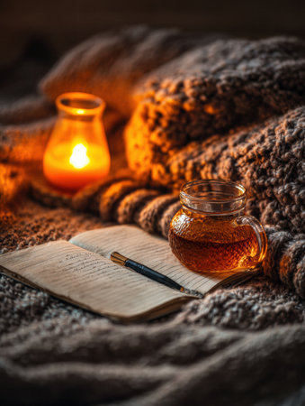 A warm cup of tea sits next to an open journal and a pen, all placed on a soft knitted blanket illuminated by a gentle candle glow.の素材