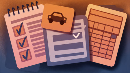 Various forms and checklists laid out to assist with vehicle registration and ownership tasks during an evening setting, showcasing organization and efficiency.の素材
