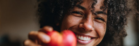Bright and joyful individual showcasing a pair of red apples in a cozy kitchen, promoting healthy eating and a positive lifestyle during daytimeの素材