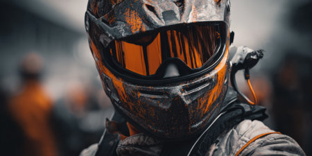 A driver ready stands for the race, wearing a dirt-smeared helmet with an orange visor, showing focus and determination amid a bustling dirt track environment.の素材